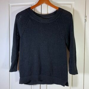 Ann Taylor Loft Womens Black Ramie Cotton Crochet Neck Knit Sweater Medium